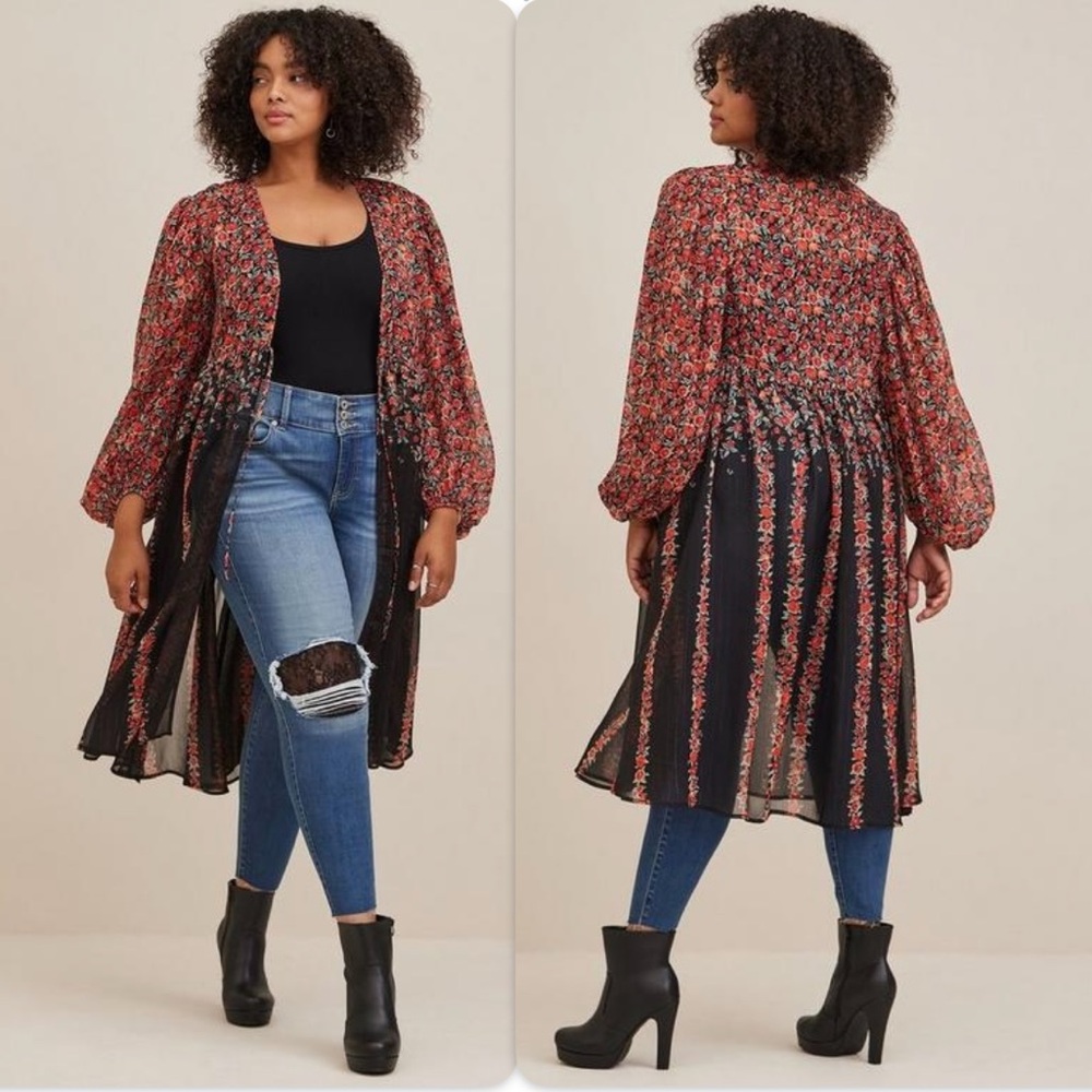 Torrid Lurex Chiffon Tie-Front Maxi Floral Kimono NWT Size 2 2X
